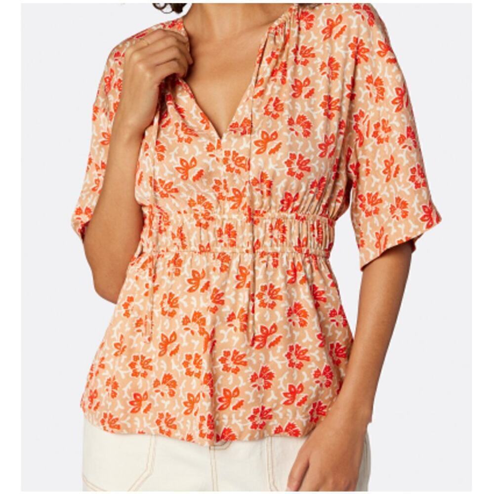 NWT JOIE Women's Vibrant Red Multi Short Sleeve Top Size M